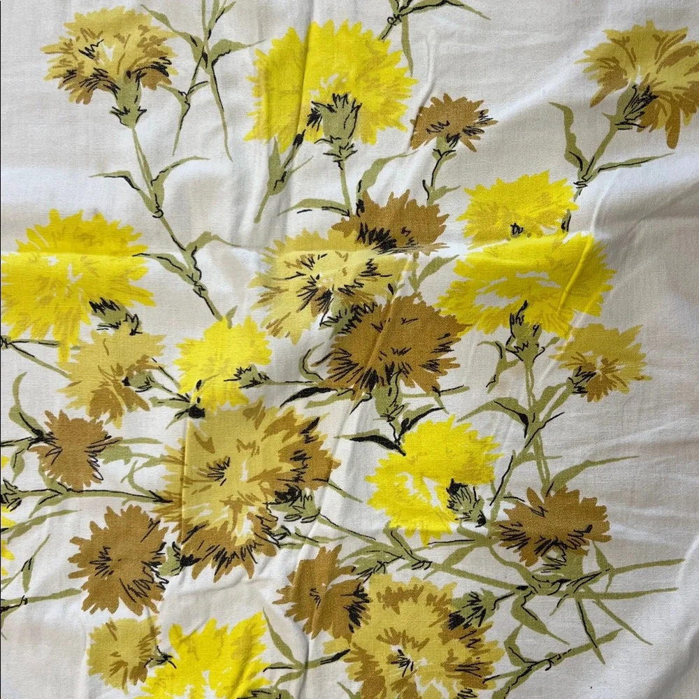 Vintage Floral Yellow & tan almost sq tablecloth  very soft & well loved, cotton